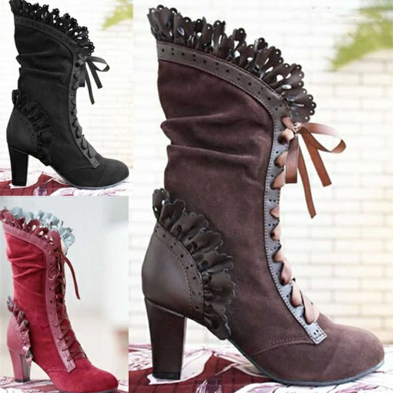 Botas altas, botas de tacón para mujer, botas Steampunk para mujer, botas de gamuza de cuero sexis, zapatos Vintage de otoño e invierno con cordones