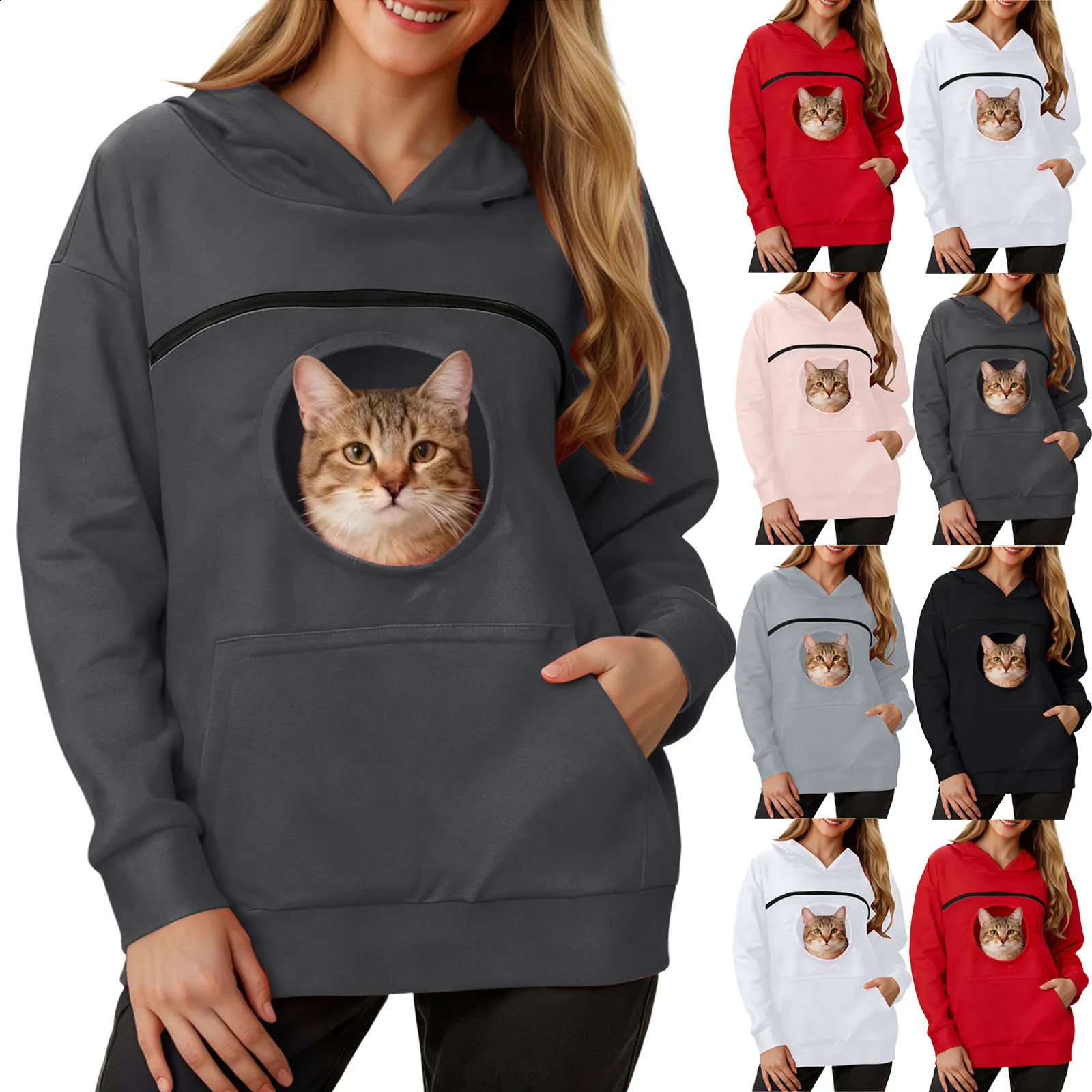 Womens Hoodies With Pet Bag Solid Color Hooded Pullovers Cat Dog Pocket Holder Tops Casual Sports Sweatshirts Loose Top 260921