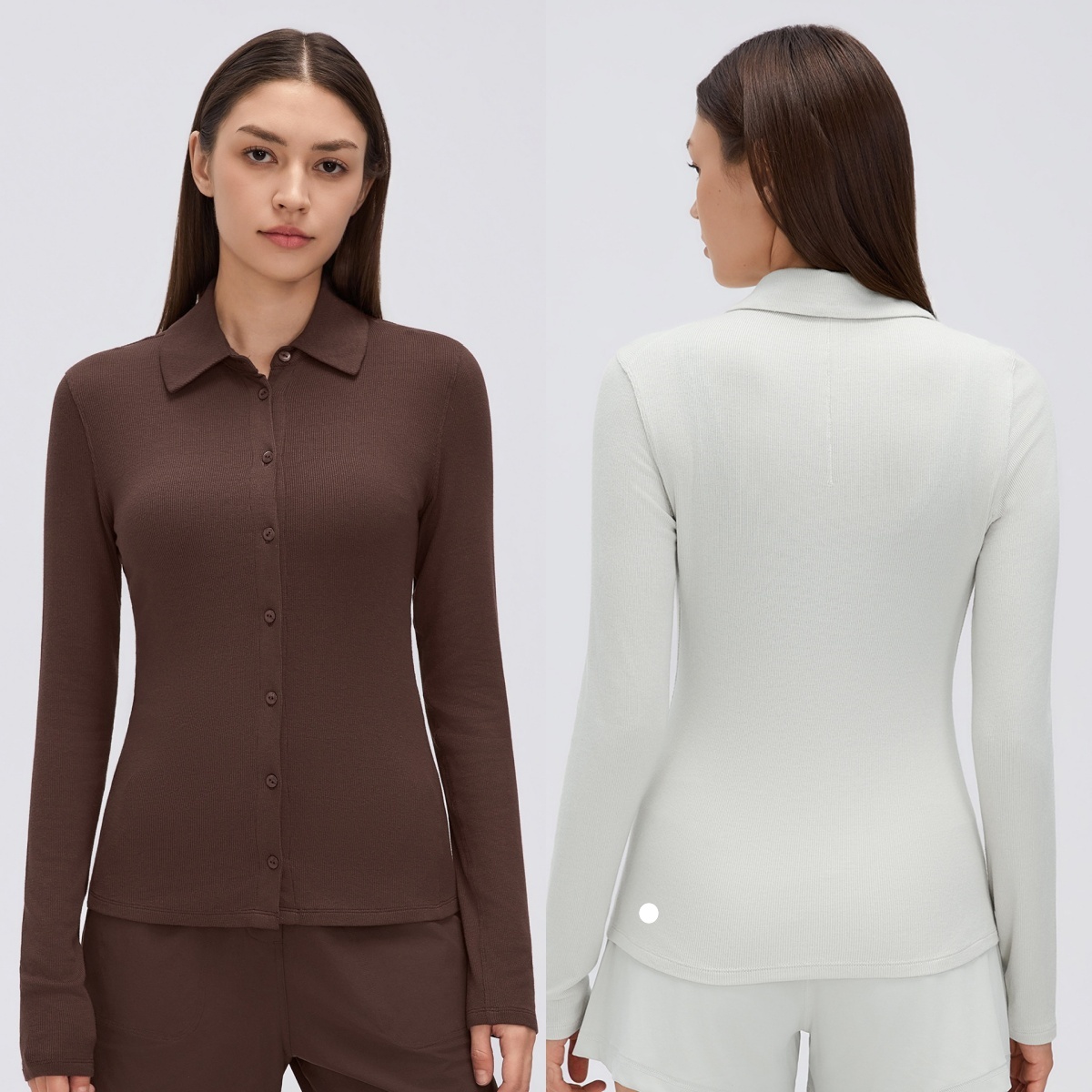 L6590 Chemises à revers simples en modal pour femmes Chemise de sport Vêtements de yoga pour femmes avec boutons d'accès facile Hauts athlétiques