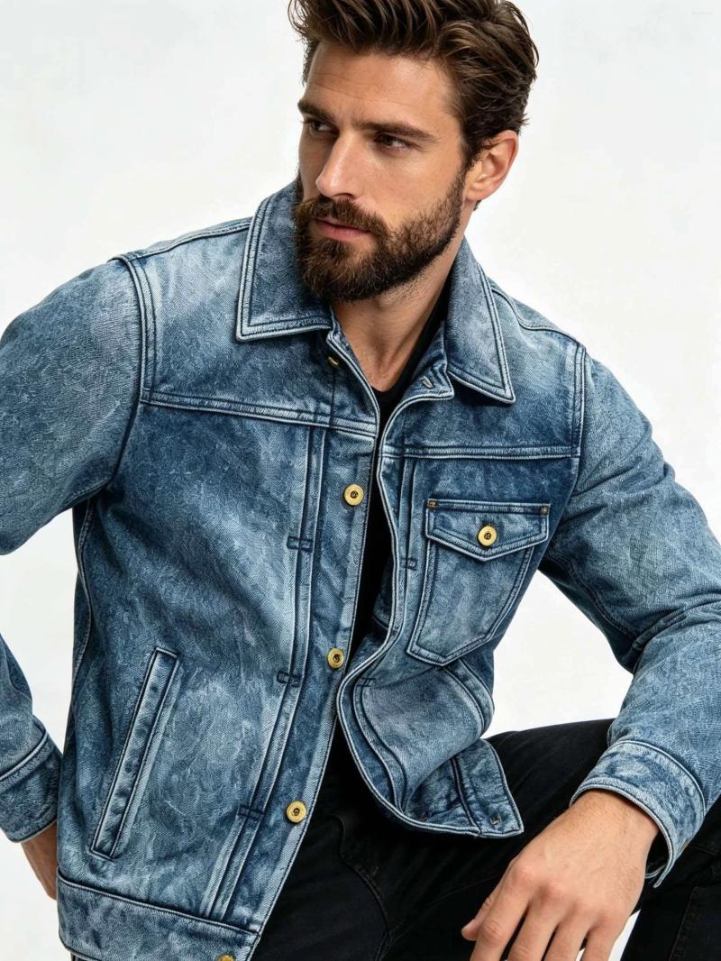 Genuine Natural Cowhide Turn-Down Collar Single Breasted Denim Coat Blue Spring Leather Jacket Men Vintage Style Plus Size 5XL