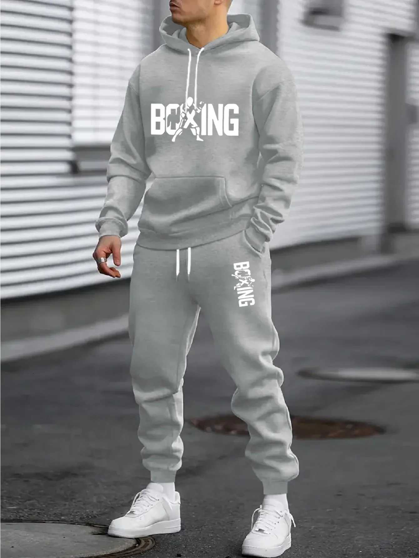 boxing Men's Hoodies Sweatshirts 2026 letter printed sportswear set men's hooded sweatshirt long pants set spring and autumn winter warm s