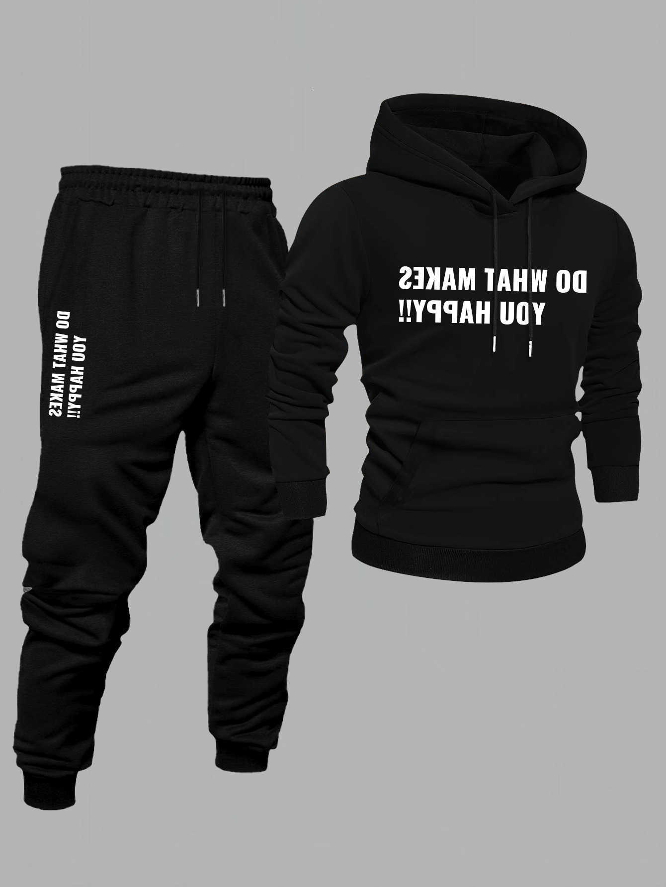 Autumn Men's Hoodies Winter Sweatshirts Men Hoodie Set American High Street Print Hooded Sweatshirt Long Pants Sports Casual 2 Piece Outfit D26