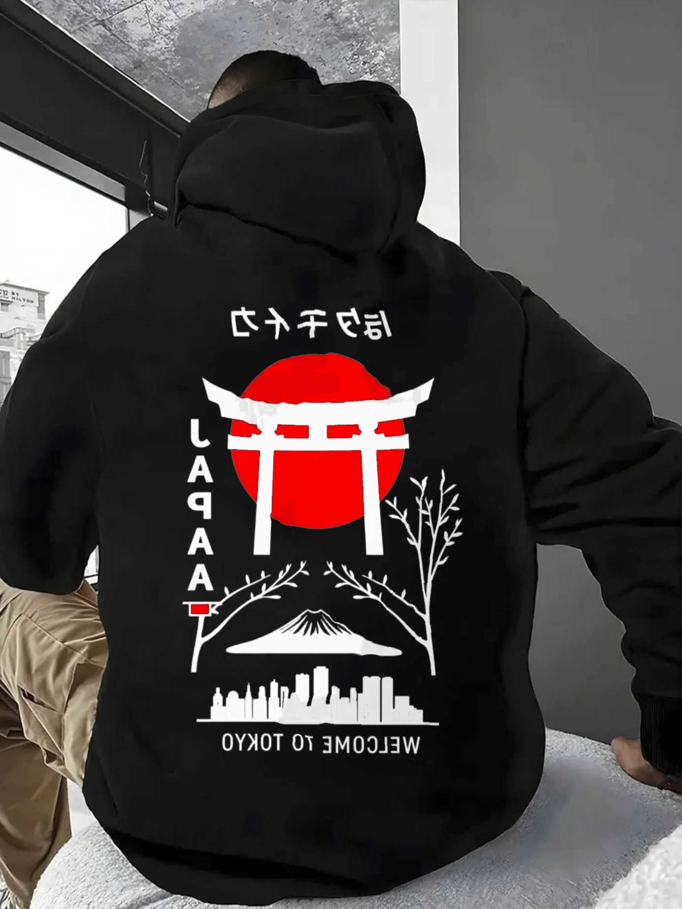 Hoodies Sweatshirts Men Fall Men's Winter Casual Loose Hoodie Minimalist Fuji Mountain Torii Gate Red Sun Japan Print Oriental Daily Warm Hoode