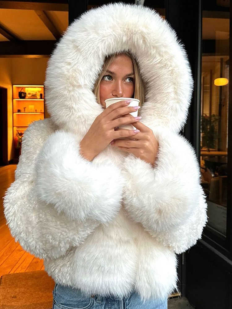 War Hooded Faux Fur Coat Women Elegant V-neck Long-sved Loose Cropped Jacket Lady Winter Daily High Street Outerwear D260921