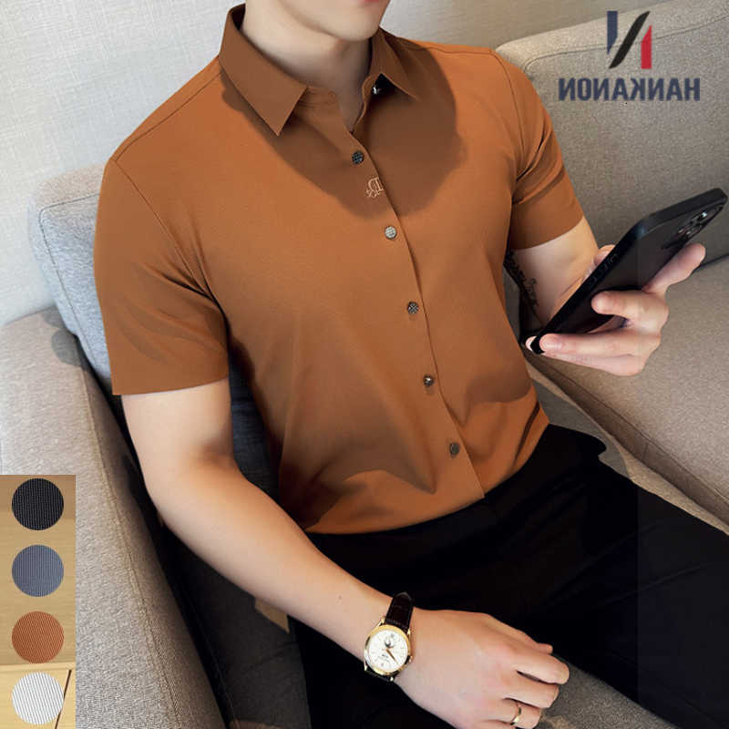 White Shirts Men's Men's Casual Business Casual Shirt Fitted Striped Elastic Short-sleeved Shirt Exquisite Embroidered Summer Formal Work