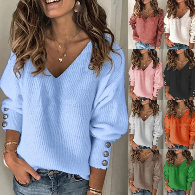 Autumn Winter V-Neck Women Sweater Basic Solid Knitted Tops Casual Slim Long Sleeve Pullover Ribbed Soft Elastic Korean Sweaters 260920