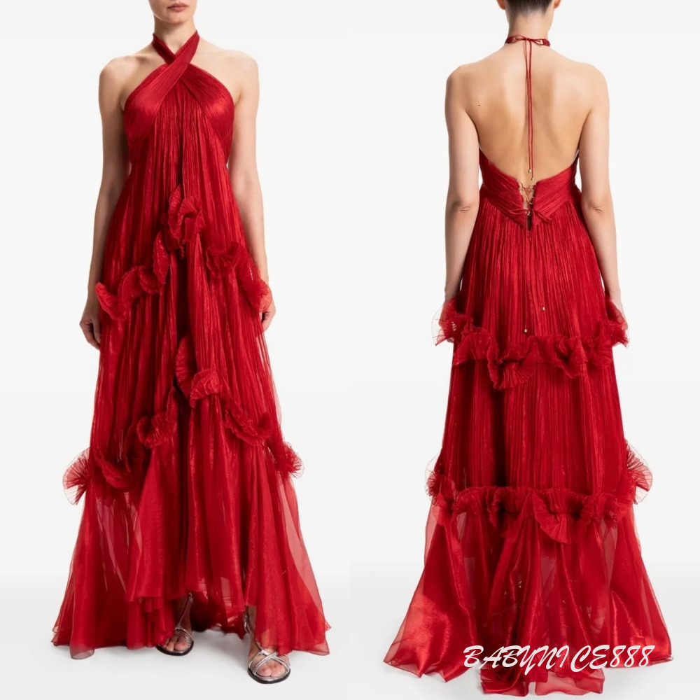 Graceful Red Evening Dresses Sexy Backless A Line Halter Neck Pleats Ruched Tiered Long Women Prom Gowns Women Formal Occasion Robes