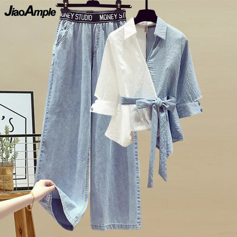 2026 Spring/Summer In Matching Set Women's Fashion Splicing Lace Blouse Jeans Two Piece Set Korean Elegant Denim Pants Suit 260921