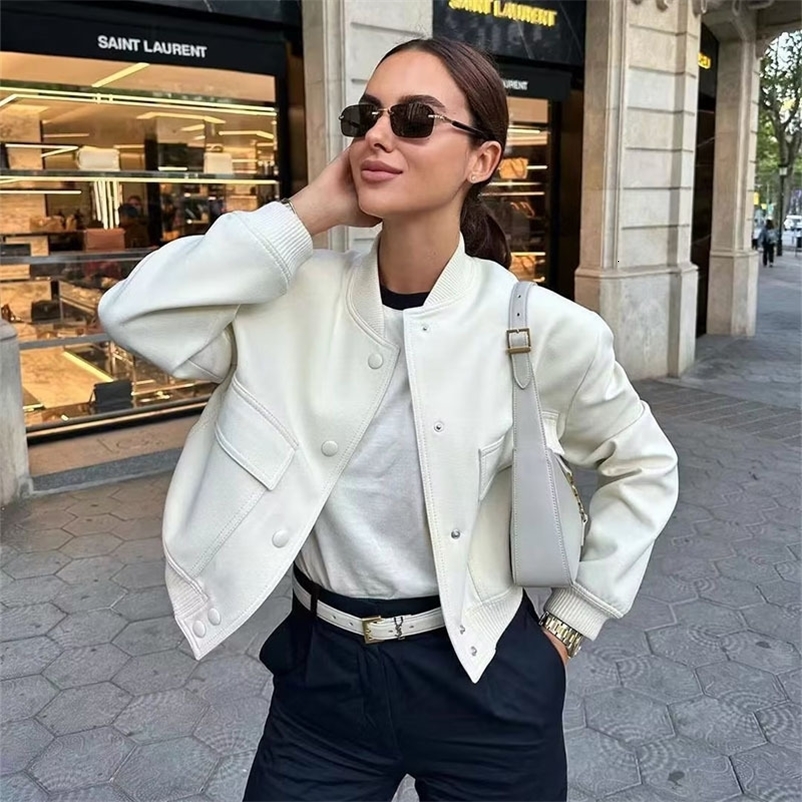 Woman Bomber Jacket Coat White Autumn Winter Button Baseball Cropped Jackets for Women Long Sleeve Crop Outerwear 260920