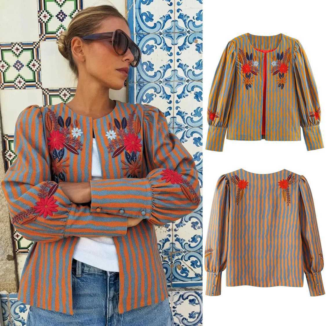 Women's Women's Jackets PRINTKAOIR Autumn Striped Floral Embroidery Jacket Round Neck Long Sleeve Cropped Cardigan Vintage Boho Outerwear