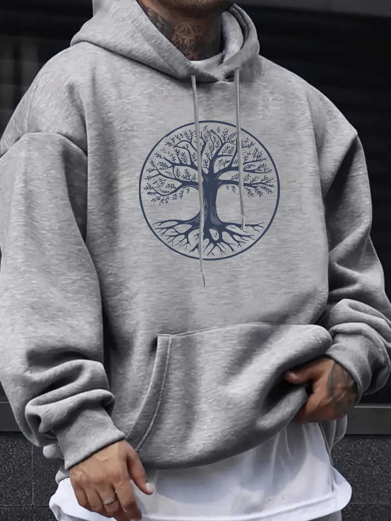 Circle Men's Minimalist Hoodies Sweatshirts Tree Of Life Line Art Hoodie Men Casual Nature Street Style Front Print Loose Fit Pullover Sweatshi