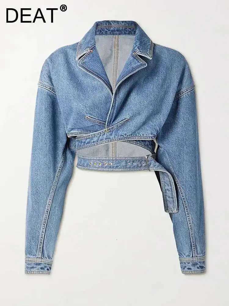 Jackets DEAT Women Denim Women's Jackets Notched Collar Long Sleeve Crossed High Waist Spliced Belt Short Coat 2026 Summer New Fashion 7AB3526