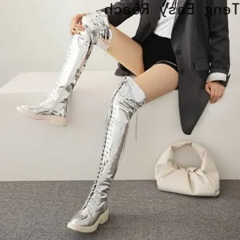 Autumn Spring Boots Lacing 2025 Knee High Boots Women Fashion White Square Heel Long Boots Woman Leather Shoes Winter Large Size 34-43 H260921