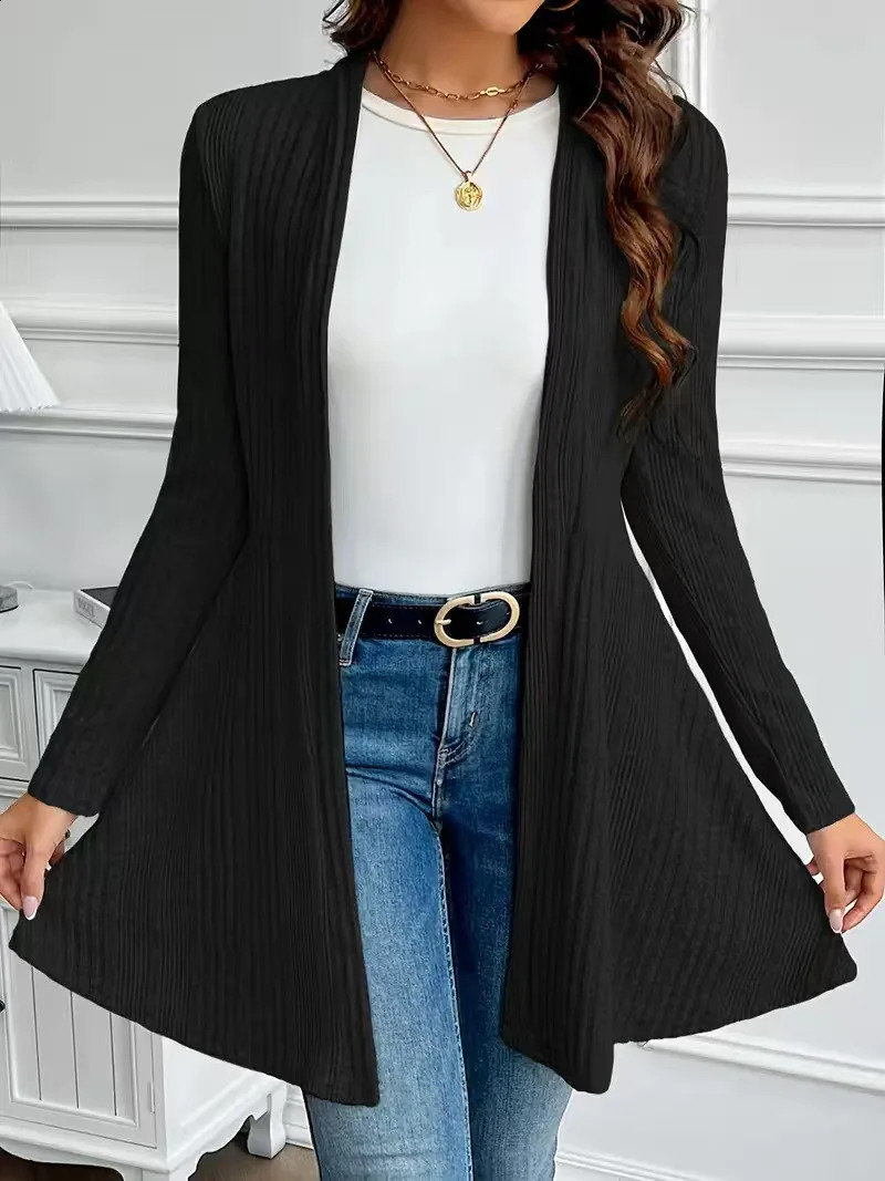 Women's Black Ribbed Knit Cardigan Open Front Long Sleeve A-Line Mid-Length Cardigans Casual Loose Outerwear Spring Autumn 260920