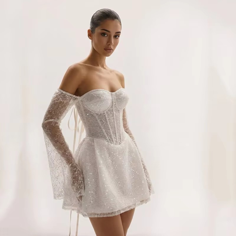 Fashion Sequins Short Wedding Dresses Boho Off the Shoulder Lace Mini Bridal Dress Women Bridal Party Gown Vestido de Novia Robe De Mariage