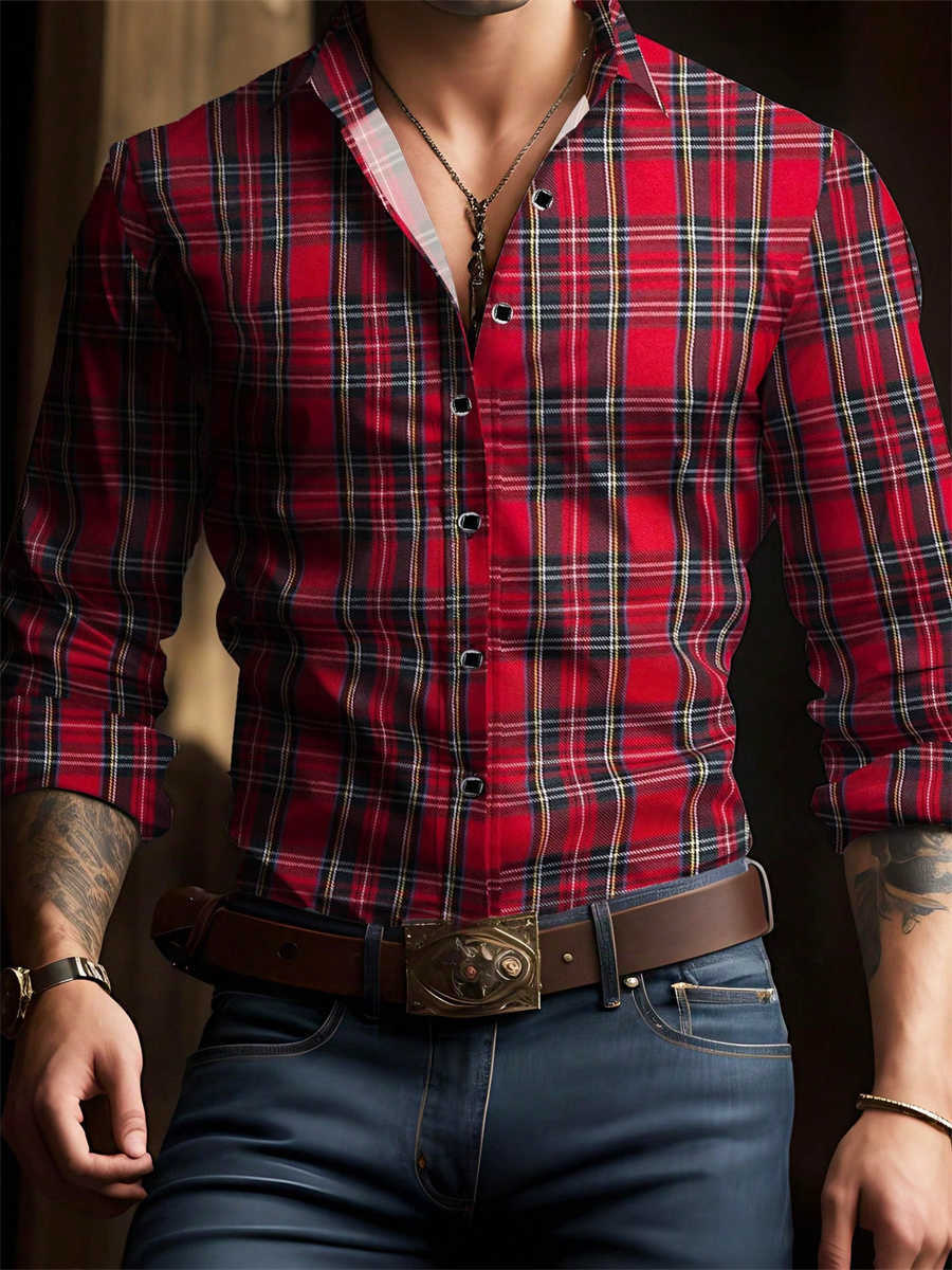 Men's Shirts Men's Retro Casual Red Plaid Long-Sleeved Shirt Casual Lapel Versatile and Trendy for Everyday Wear and Commuting Sizes S-6XL