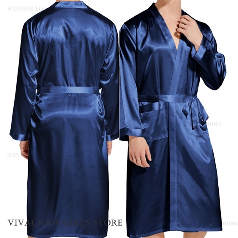 Uomo lungo accappatoio pigiameria blu navy raso di seta sposo abito da sposa abito kimono primavera estate vestiti per la casa pigiama 260920