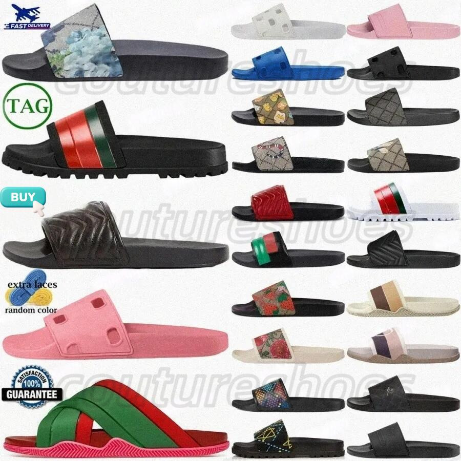 Guc cy Slippers G Slides Men Women Flat Designer Slides Blooms Floral Rubber Leather Fabric Sandal Black White Striped Luxury Summer Beach Shoes Cla