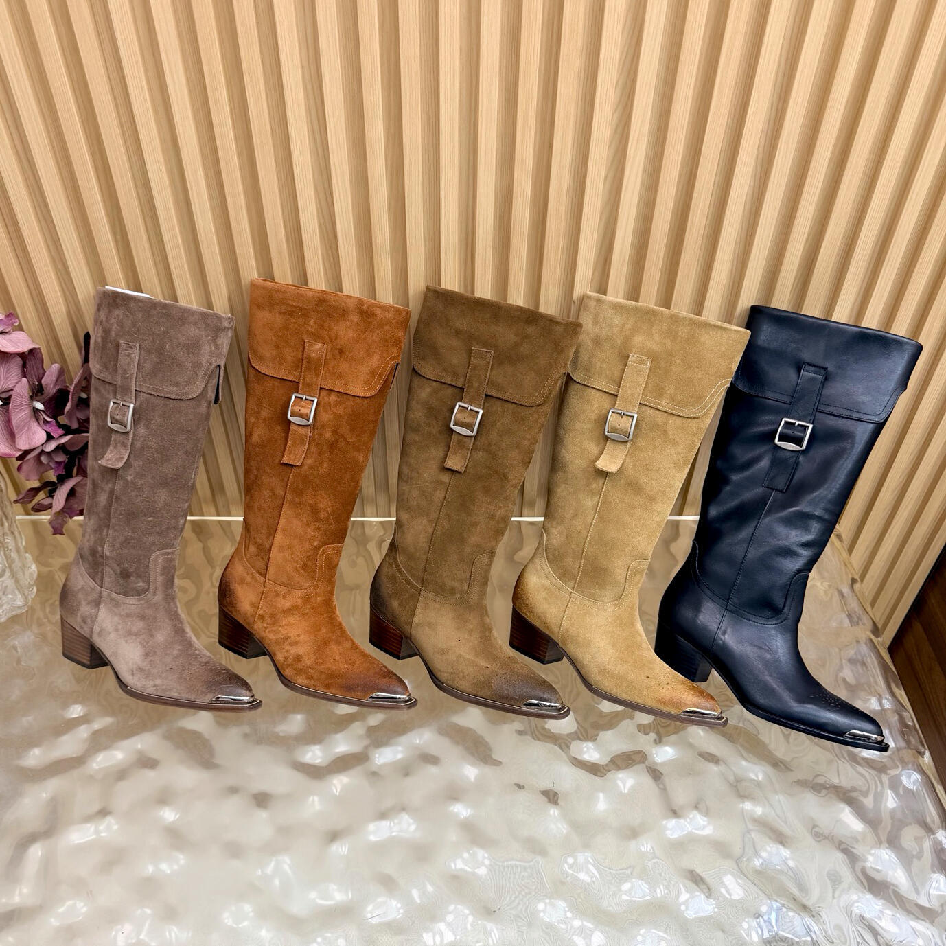 New Women Knee Boots Suede Fashion Sexy Thigh-High boot Genuine Leather chunky heels Cowboy luxurys Designer Mid Calf Vintage Western Boots Autumn w