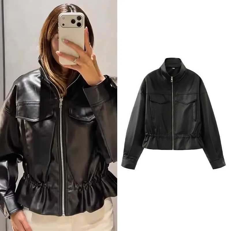 Jackets Women's Winter Jackets Women's with Adjstable Waist Stand-Collar Long Sleeve Zipper Woman Leather Effect Jacket Chic Female Coats