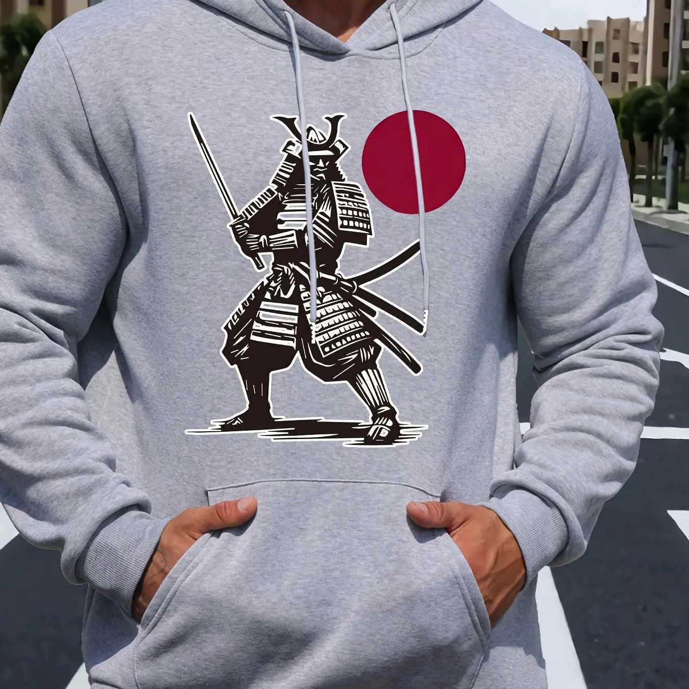 Hoodies Sweatshirts 2026 Men Men's Samurai Armor Graphic Oversized Hoodie Chest Print Red Sun Multi Katana Gray Fall Winter Street Sweatshirt D