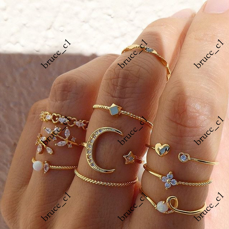 European and American Cross-Border Style Ring Set of 10 Moon Star Leaf Heart Rhinestone Knuckle Rings Wholesale
