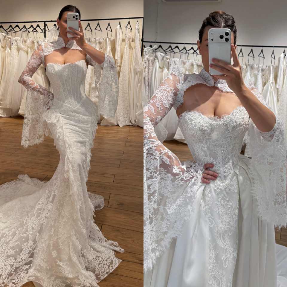 Custom White Lace High Neck Mermaid Wedding Dress Flare Long Sleeve Sweep Train Elegant Bridal Gown Formal Dress