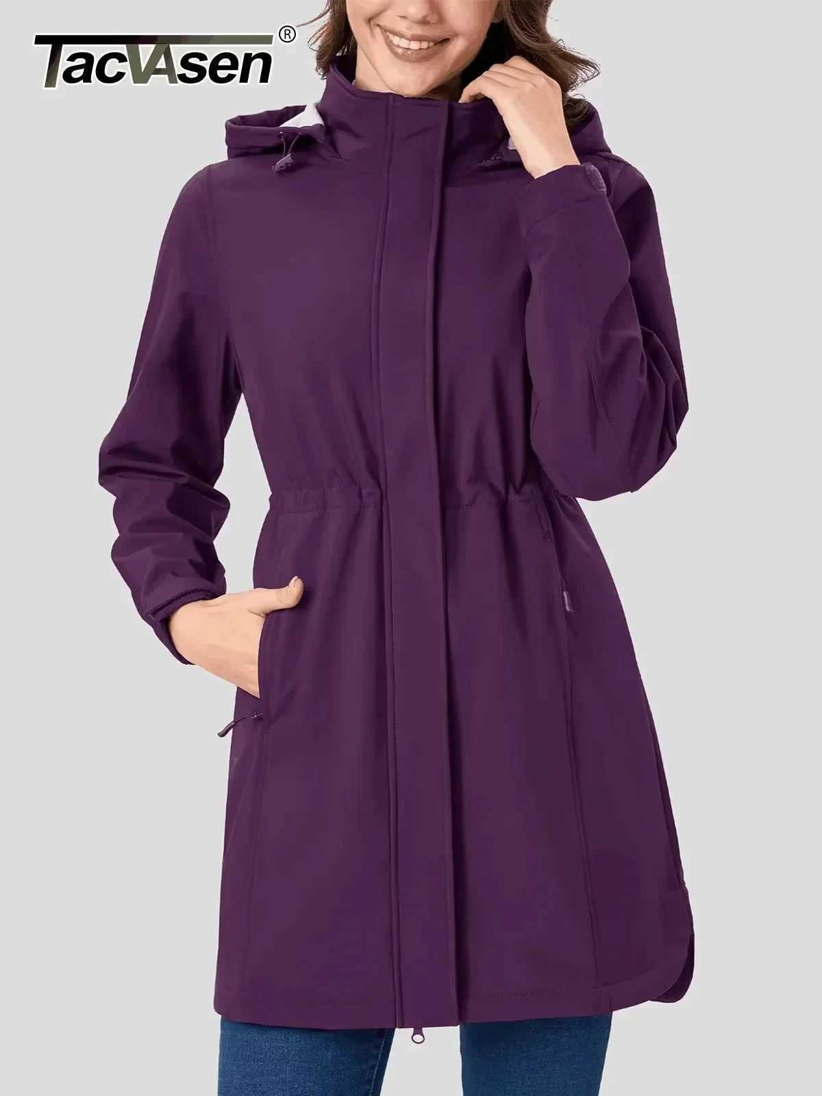 Women's Jackets TACVASEN Women's Long Hooded Jacket Fleece Lined Softshell Jacket Waterproof Windproof Hiking Jacket Rain Coat Windbreaker