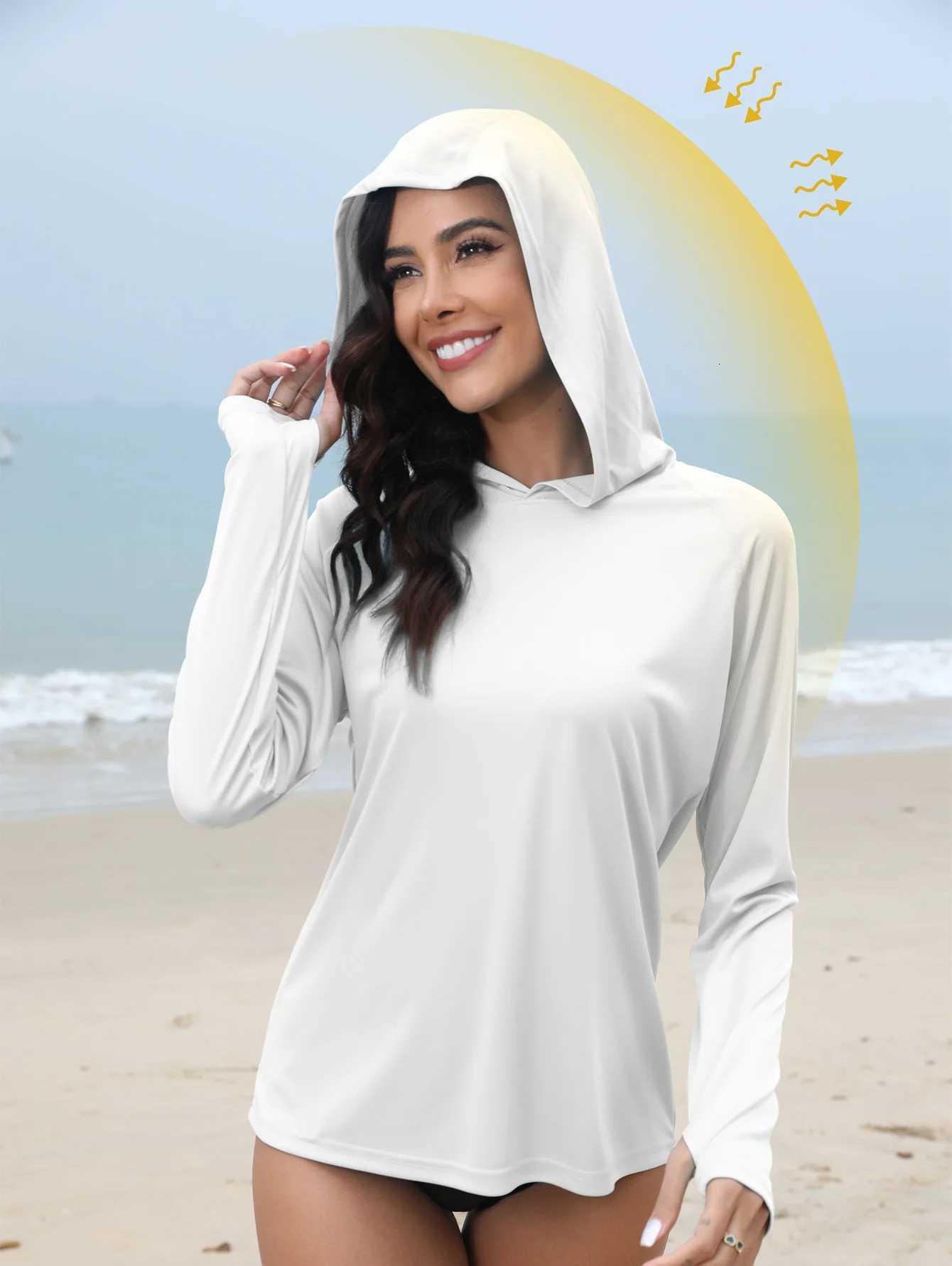 T-shirt da donna Felpa con cappuccio per protezione solare da donna con fibbia per il pollice e foro per coda di cavallo nascosto T-shirt per protez
