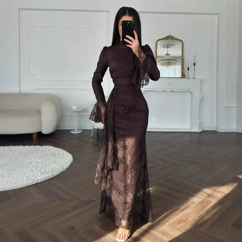 Elegant Lace Patchwork Mermaid Maxi Dress Solid High Neck Flare Sleeve Waist Wrap Tie Slim Dresses Cocktail Party Evening Gown 260920
