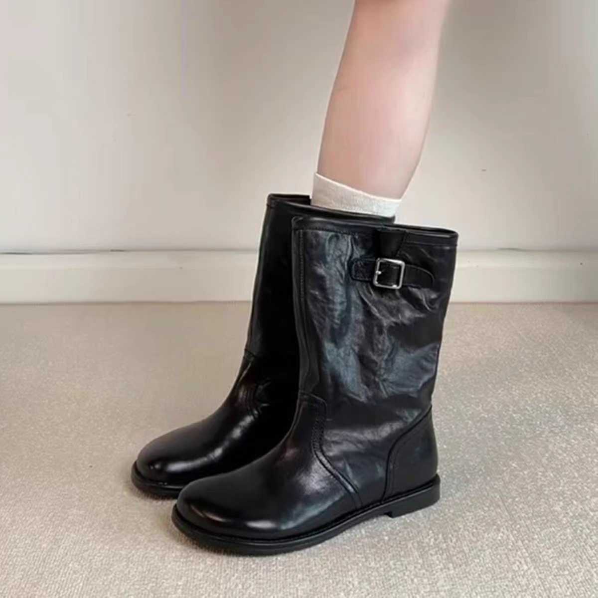 Botas de montar lavadas con hebilla y punta redonda para mujer 2026 botas versátiles a media pantorrilla botines L26921