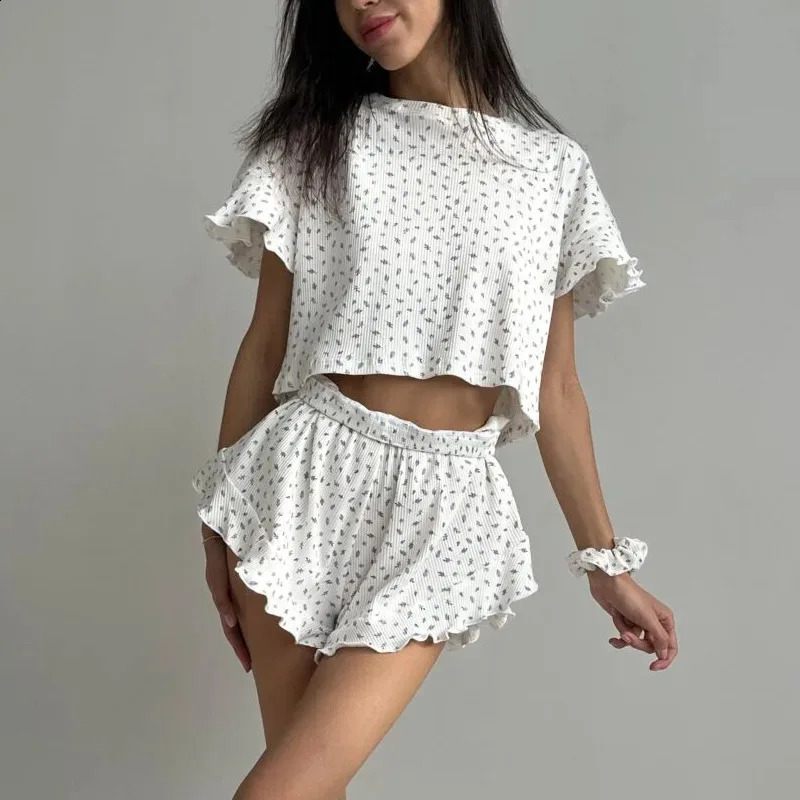 Women's Floral Print Pajamas Set Summer Casual Short Sleeve Top Shorts Sleepwear 2 Piece Loose Round Neck Home Loungewear 260920