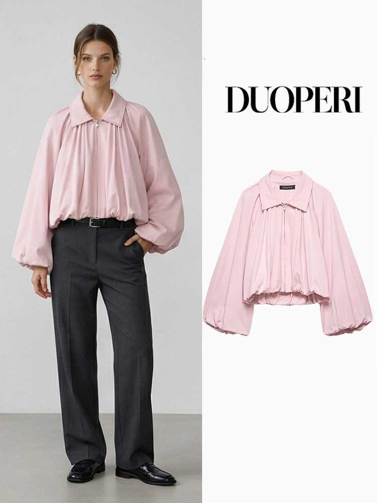 Jackets DUOPERI Women Fashion Women's Pink Front Zipper Pleated Loose Bomber Jackets Vintage Lapel Neck Long Sleeves Female Chic Lady Outfits C