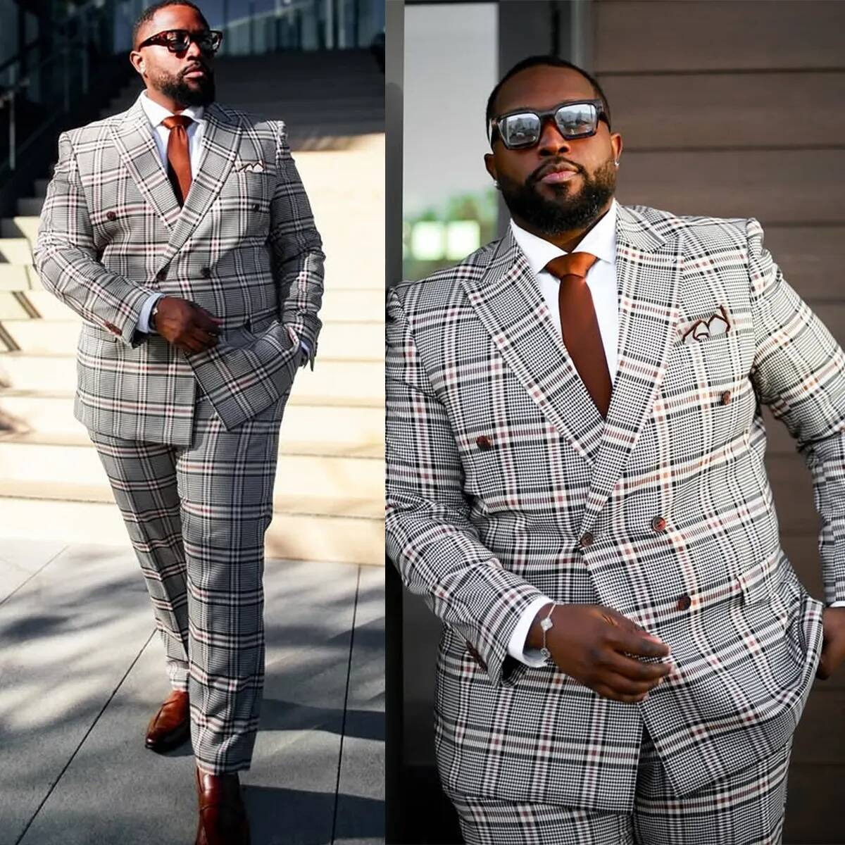 Vintage Men Suits Peaked Lapel Plaid Tailor Made 2 Pieces Set Jacket Check Double Breasted Blazer Groom Customized Coat+Pants Plus Size Mb921