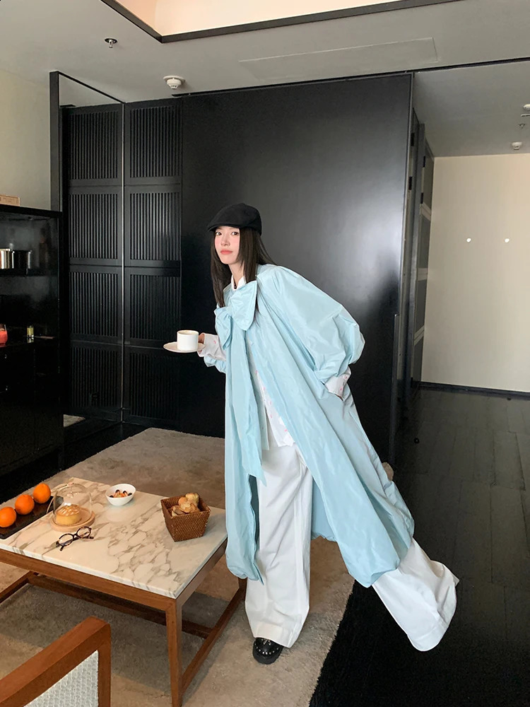 Lautaro Spring Autumn Long Cute Sweet Thin Blue Trench Coat for Women Bow Lantern Sleeve Loose Casual Chic Fashion Overcoat 2026 260921