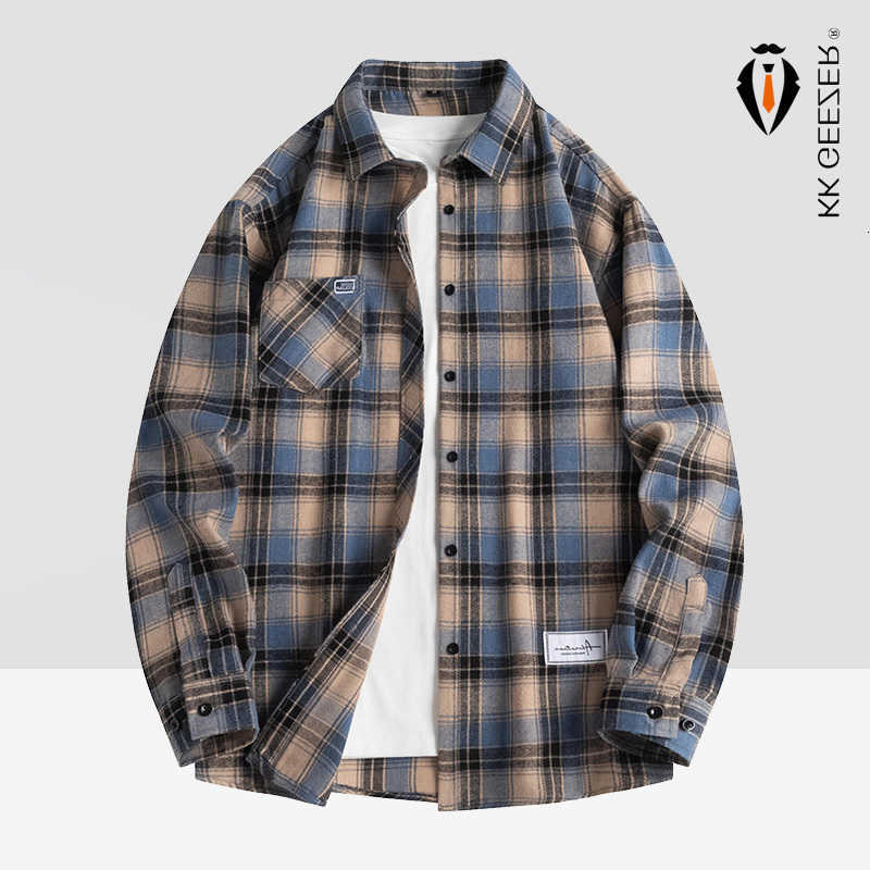 Shirt Men's Men Casual Shirts Plaid Flannel Spring Autumn Long Sleeve Blue Loose Mens Casual Shirt Oversized Business Male Soft Dress Shirt H26