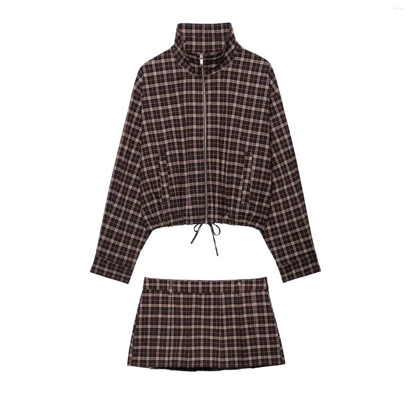 Two Piece Sets Women's Plaid Suit Short Skirts 2026 Zanban Long Sleeve Jackets Coat Fashion Elegant Outwear With Lace Woman