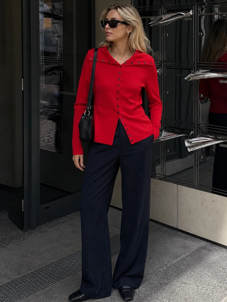 HH Fashion Red Knit Cardigan Jacket Women Spring Fall Long Sleeve Button Front Wide Collar Sweater Coat Casual Office Streetwear 260920