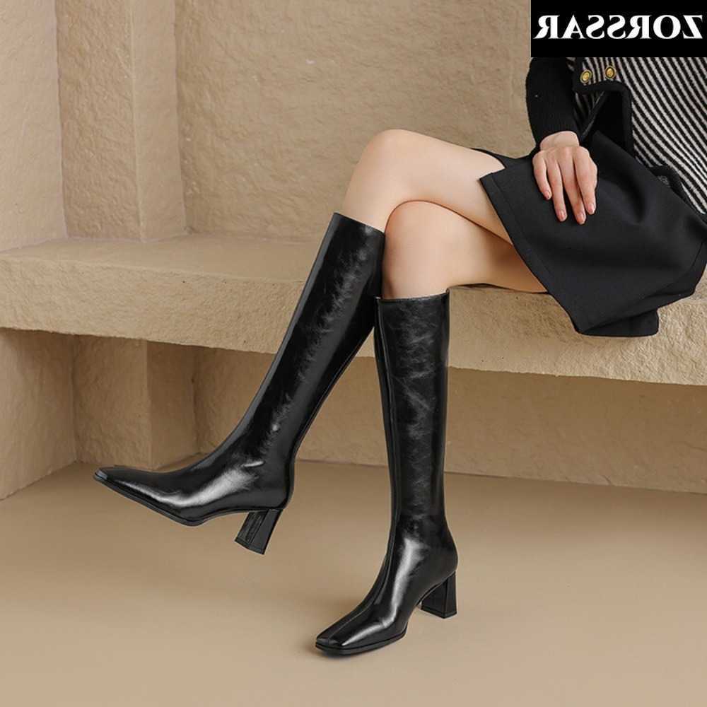 Vintage Boots Women Straight Boots Cow Leather Long Knight Boot Square Heel Knee High Boots Zipper British Style Winter Female Shoes H260921
