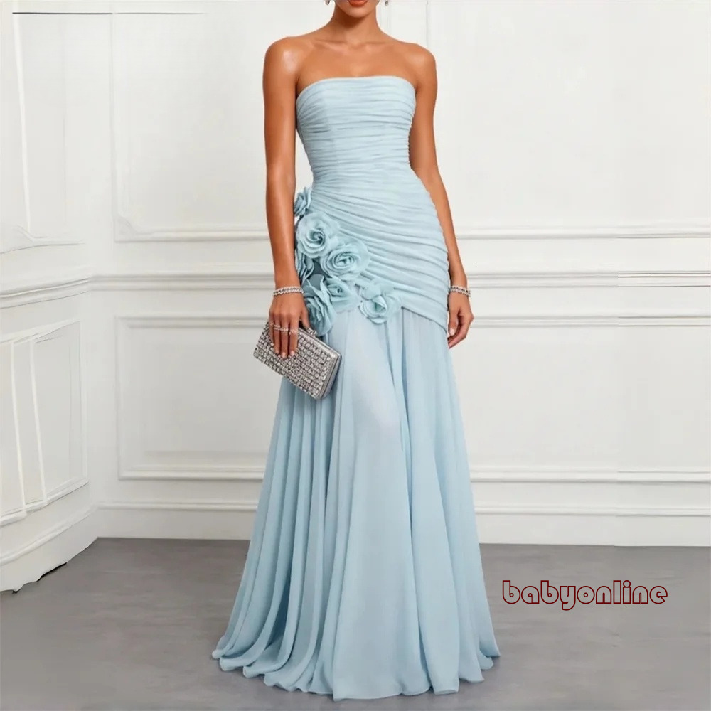 Abiti da sera moderni senza spalline in chiffon azzurro con fiori pieghe Sirena Abiti da sera da donna Abito da festa con lacci Robes De Soire Perso
