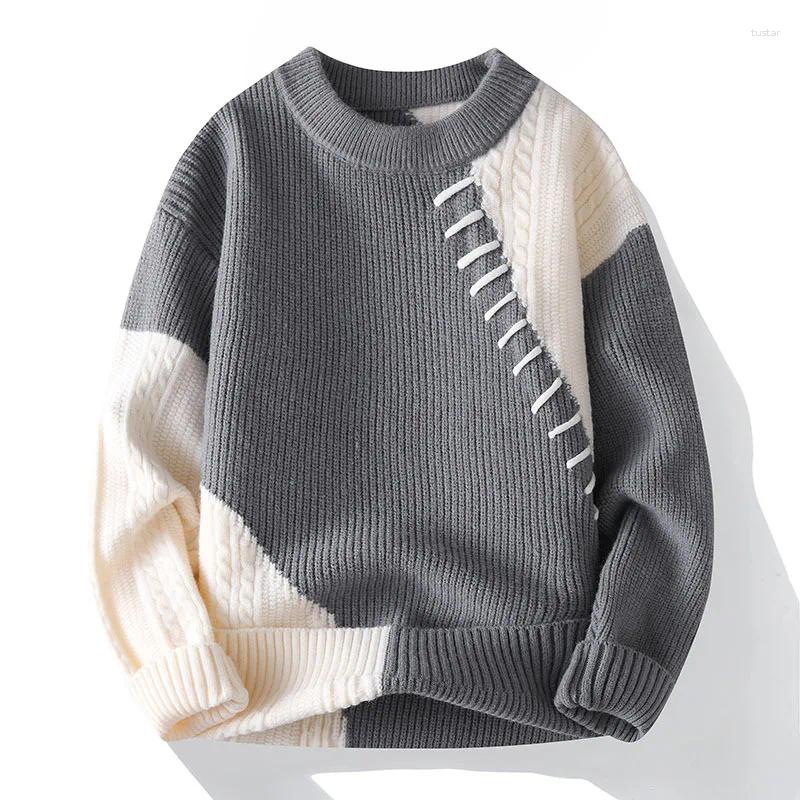 Men's Autumn And Winter Pullover Round-neck Chunky Knit Long-sleeve Striped Sweater Warm Casual Knitwear