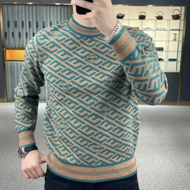 Luxurious Designer Men's Fall And Winter Men's Casual Round-neck Jacquard Knitted Sweater Men's Slim-fitting Pullover Fashionable Lon