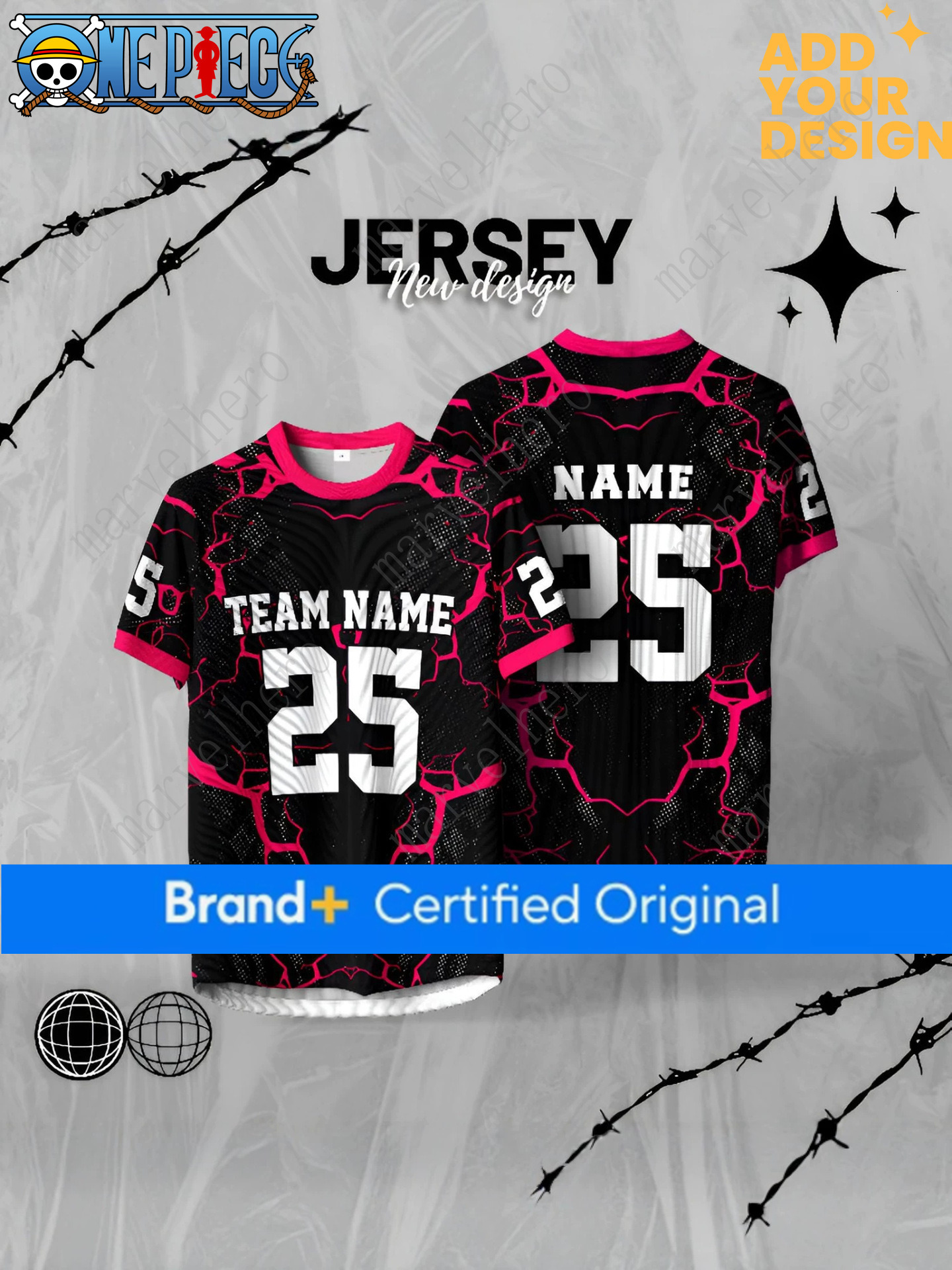 T-shirt girocollo stampata One Piece con stampa digitale a contrasto, top sportivo a maniche corte, disponibile su Amazon e Temu, stile americano