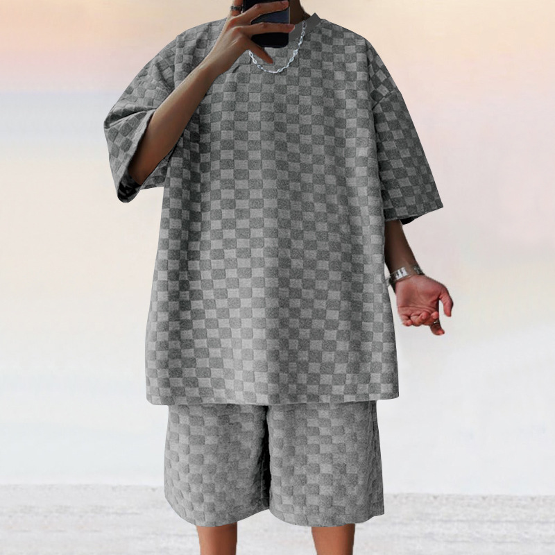 mens jacquard plaid short sleeve tshirt oversized straightleg casual shorts set