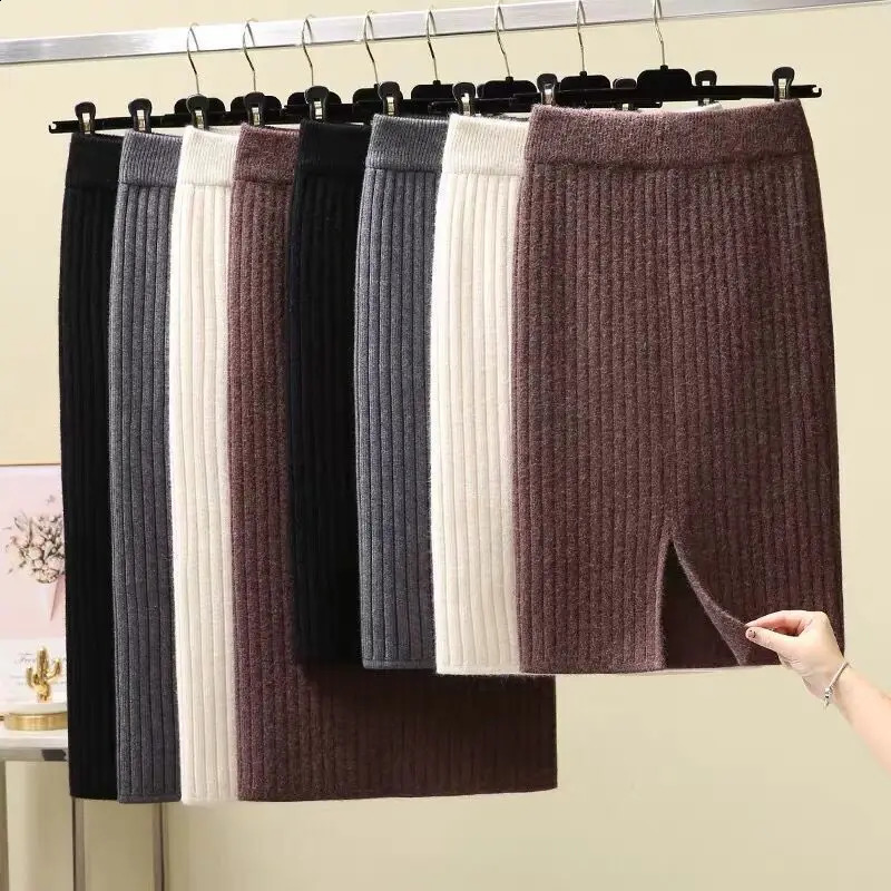 Autumn Winter Elegant High Waist Women Pencil Bodycon Skirt Solid Color Lady Office Knitted Skirt Female Pleated Skirts 260918