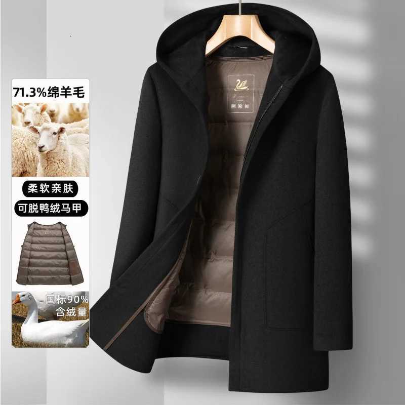 Men's Wool Blends Autumn Winter New Style70Wool Hooded Detachable Down Liner Mid Length Coat Cold Proof Warm D260921 3d