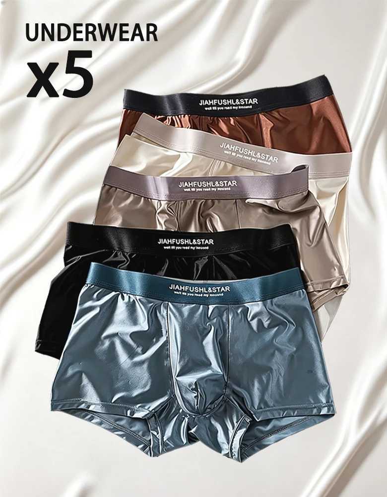 5Pcs Ice Silk Satin-like Boxer Briefs Summer Smooth Cool Solid Men's Underpants Comfortable Breathable Thin Mens Panties Q260921