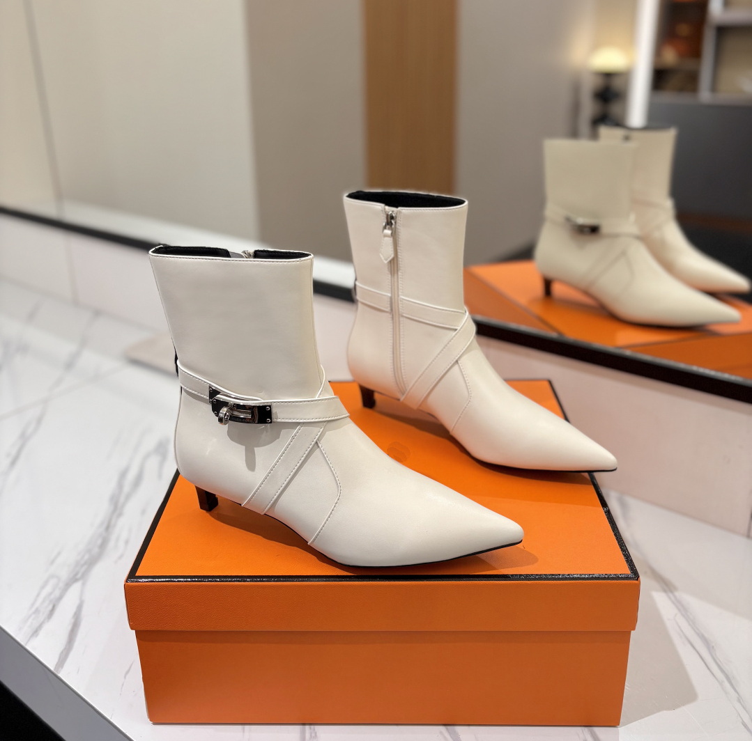 Luxury Dress Shoes Designer Women Pointed Toe Slouchy Ankle Boots Genuine Leather Kitten Heel with Metal Turn-Lock Buckle Cross Strap Shoes eur42