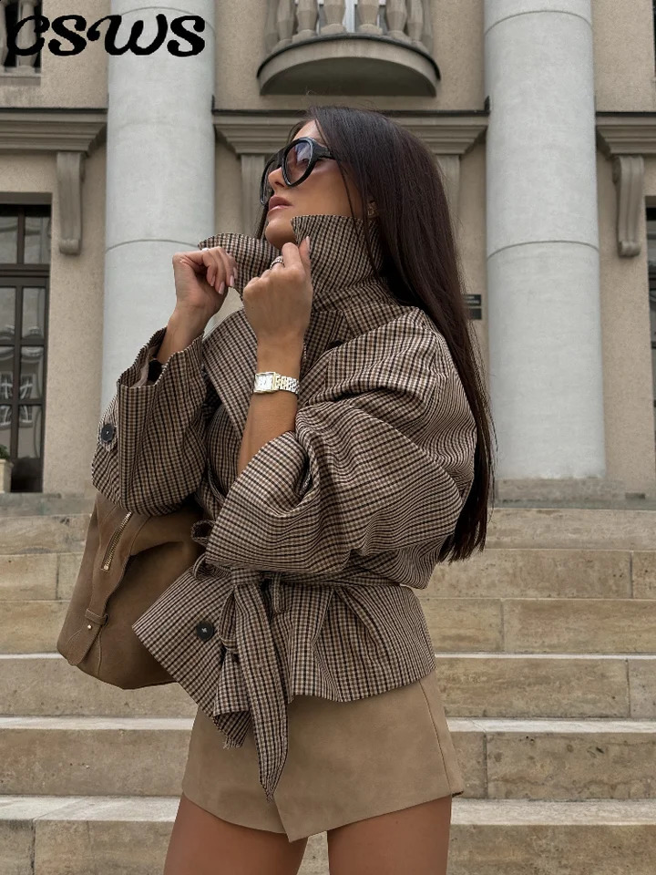 Chic Grid Belt Women's Coat Double Breasted Lapel Lace-Up Long Sleeve Lady Coats Autumn Fashion Female Vintage Jacket Lady 260920