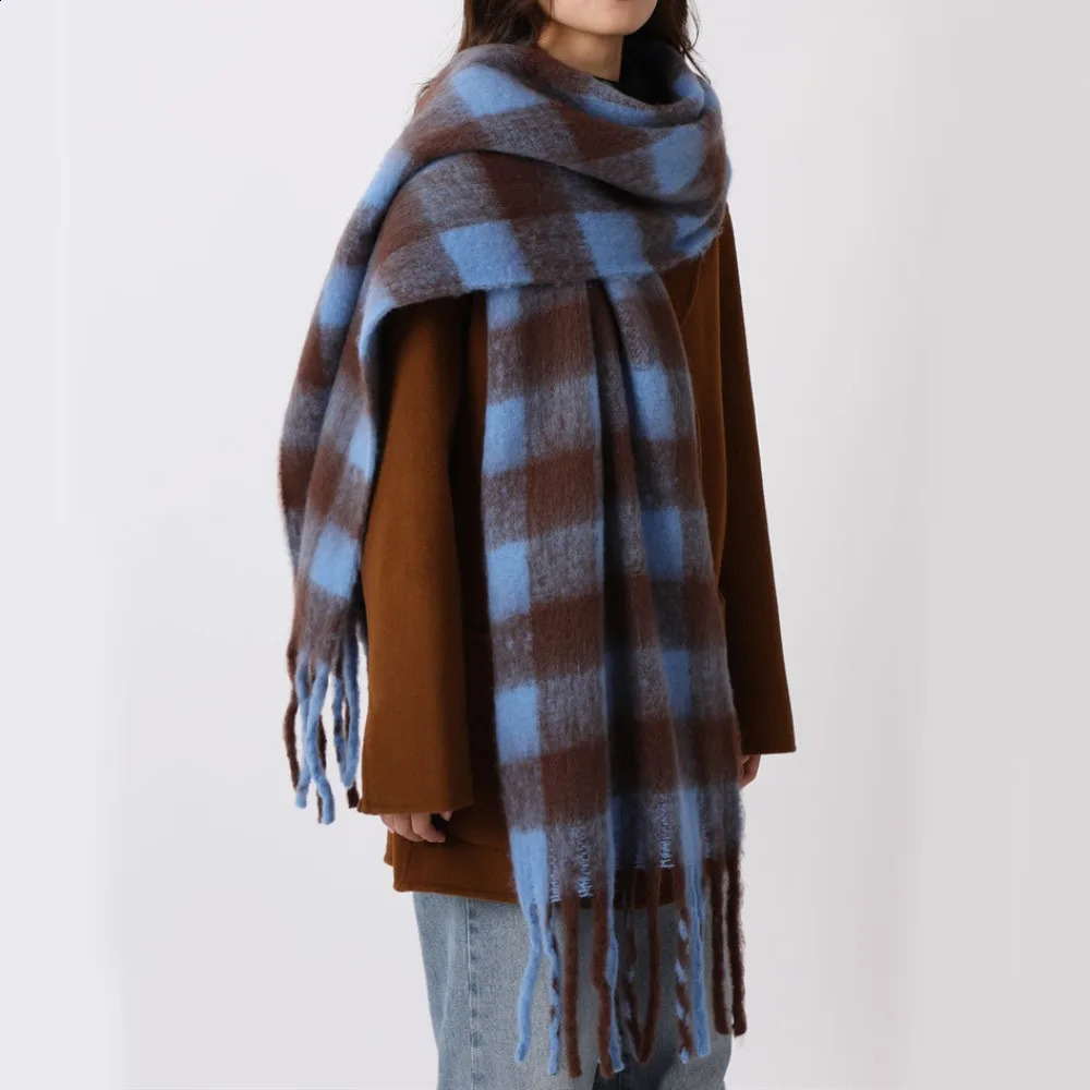 Retro Mohair Plaid Wool Scarf Tassel Thicken Winter Cashmere Scarves Solid Color Plush Long Shawl Student 260918